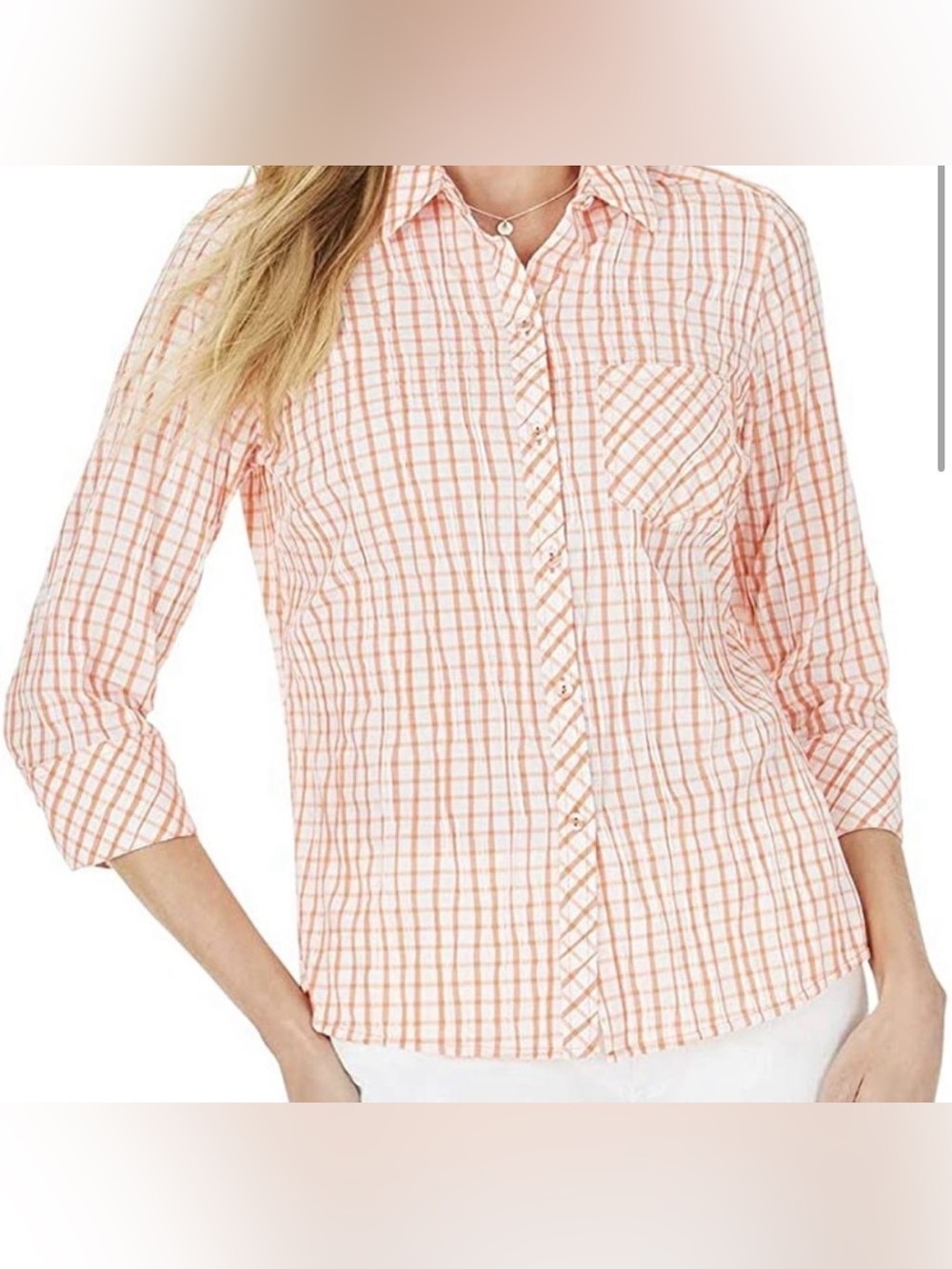 Foxcroft Women’s Orange Hampton Crinkle Plaid Button-Up Shirt
